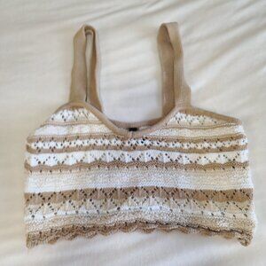 🤍🤎 H&M Divided Boho Crochet Knit Crop Top Striped Tan Beige Size S